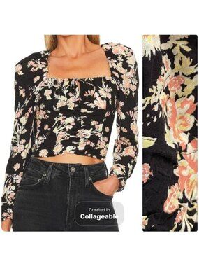 Free People Floral Coquette Square Neck Top Smocked Boho Feminine Puff Sleeve
